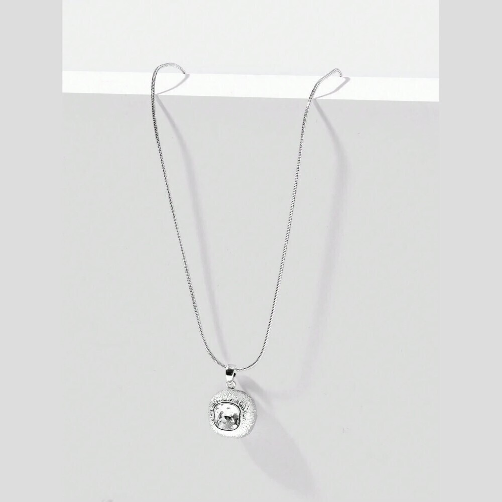 Silver Textured Round Cushion-Cut Glass Stone Pendant Necklace